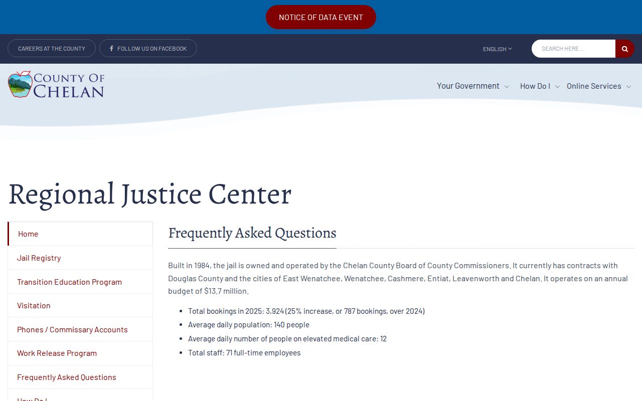 Chelan County Regional Justice Center booking and custody FAQ official source