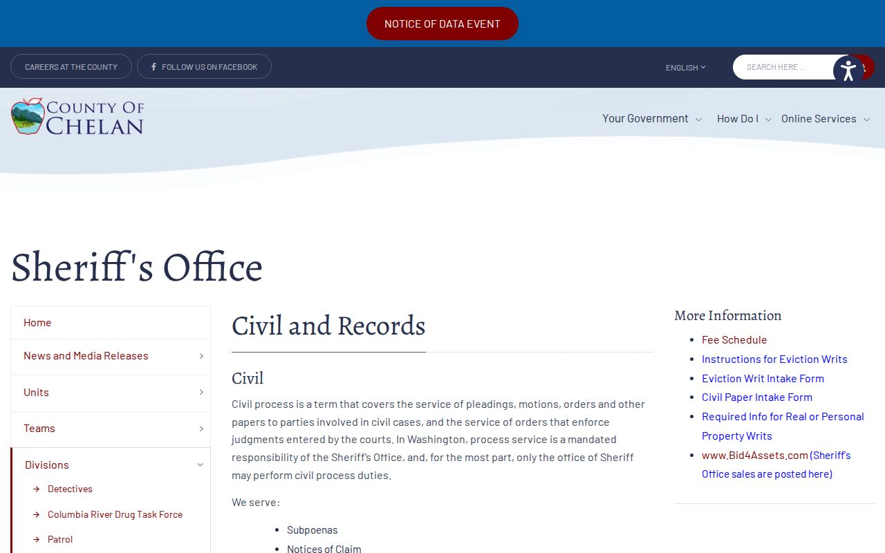 Chelan County Sheriff records request page for booking and arrest records
