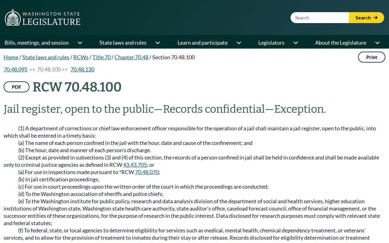 Chelan County booking photo law shown on Washington RCW 70.48.100 official source