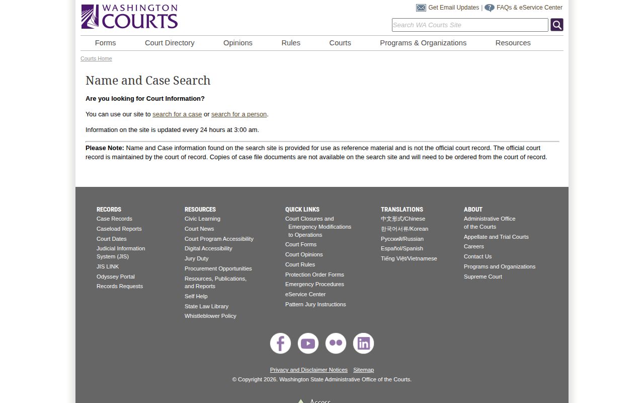 Chelan County court case search route on Washington Courts official records page
