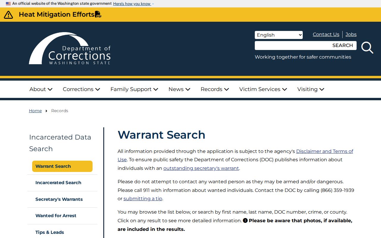 Chelan County warrant search option in Washington DOC official records interface